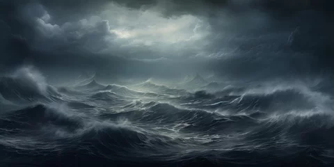Poster Stormy roiling sea under a dark sky.  Waves in the ocean, large with ominous cloudy sky. Generative AI.   © Carl & Heidi
