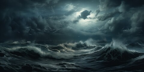 Stormy roiling sea under a dark sky.  Waves in the ocean, large with ominous cloudy sky. Generative AI. 
