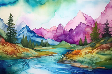 Aesthetic Watercolor Landscape Texture. Tranquil Scenic Views, Natural Pastel Hues, Mountains to Meadows, Fluid Sky with Clouds, Horizon Trees, River Valley, Splash Textures. Generative AI.