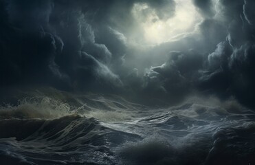 Stormy roiling sea under a dark sky.  Waves in the ocean, large with ominous cloudy sky. Generative AI. 
