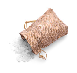 Overturned sack with natural sea salt isolated on white, top view