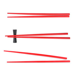 Collage with red chopsticks isolated on white