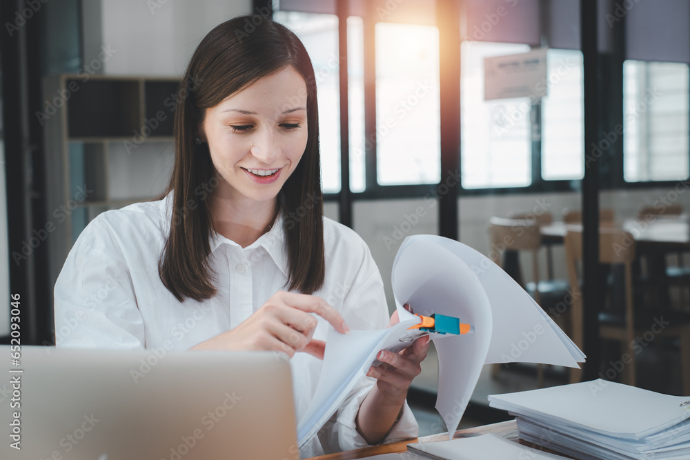 Poster businesswoman working in stacks of paper files for searching and checking unfinished document achiev