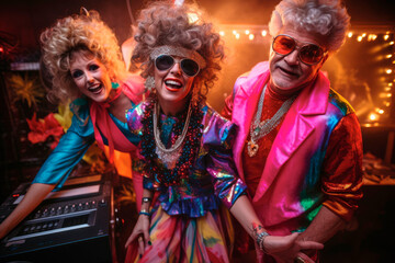 Vibrant Nostalgia with Flashback Fiesta: a Portrait of People in Costumes on a 80's Themed Party at New Year's Celebration - obrazy, fototapety, plakaty