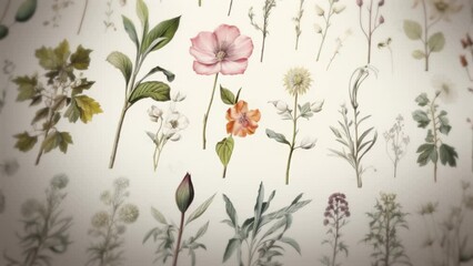 Animation of a paper from a botanical treatise with different plants and flowers drawn by hand and colored for scientific study. Floral pattern of illustrated vegetal elements