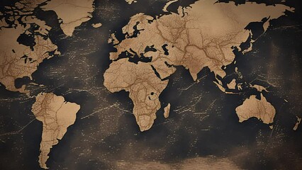 Animation of an old dark world map in two tones, blue and sepia, with continents, oceans and countries, representing the adventure and historical travels oround the planet. Vintage atlas in motion