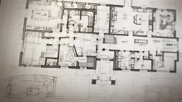 A textured paper with a hand-drawn sketch of a house floor plan, showing the layout of the rooms in a technical drawing style. Architecture studio for a building with measurements