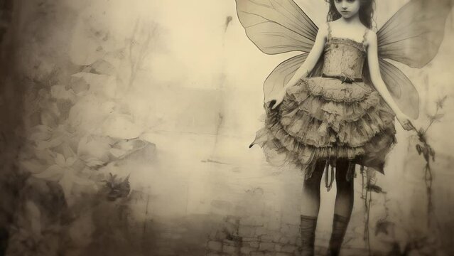 Animation of a scroll with hand drawn illustration or vintage black and white photo of a Victorian girl with wings, on an old textured paper with empty blank space for writing a poem or a fairy tale