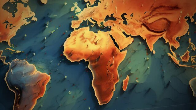 Animation of a colorful world map in motion with different layers by colors. Atlas with relief of all continents and countries, seas and oceans.