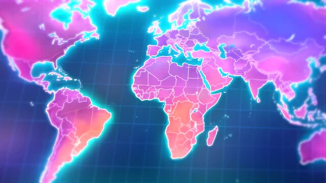 Animation of a futuristic computer screen displays a holographic world map on internet with countries and continents. It suggests geostrategy, conspiracy theories, travel and global plans