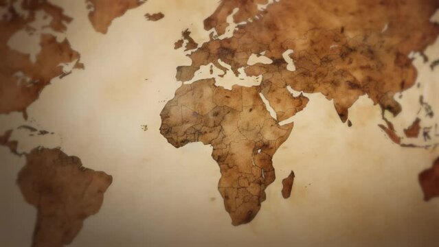 Animation of an ancient vintage map of the Earth with the continents on the aged paper of a papyrus or a codex of adventures and travels of a cartographer in burnt brown sepia tones. History wallpaper