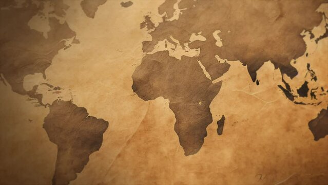Animation of ancient vintage treasure map of the Earth with the continents on the aged paper scroll of adventures and travels of a cartographer in burnt, brown and sepia tones. Lost history.