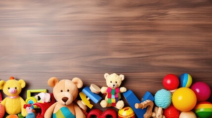 Fototapeta premium Baby kids toys frame on background, Toy many colorful educational wooden. play, Top view, executive function, kid, skill, education, intelligence quotient, emotional quotient, childhood, development