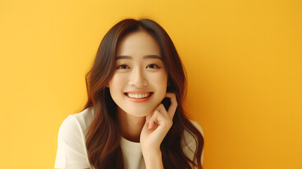 Elegant T-Shirt Mockup: Asian Woman in Bella Canvas White Shirt, Smiling Against a Yellow Background