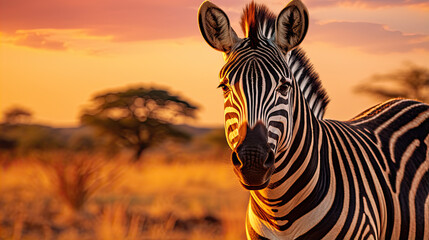 Zebra at sunset in the Serengeti National Park. Africa. Tanzania.