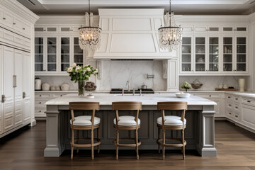 Elegantly blending rustic charm with modern sophistication, this timeless French Provincial kitchen showcases a spacious open concept design, featuring farmhouse elements, ornate details