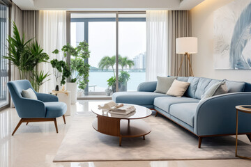 A Tranquil and Stylish Modern Living Room Oasis with Sleek Furniture, Cozy Textiles, and Serene Shades of Sky Blue, Illuminated by Natural Light and Accented with Patterns, Plants, and Art.