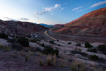 Beautiful sandstone formations along freeway. View from above in twilight in Utah, USA