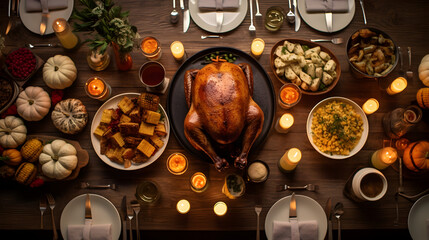 Thanksgiving dinner feast, festive table setting