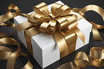 Elegant present box with a golden bow on a dark background. Generative Ai