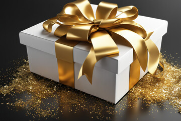 Elegant present box with golden bow on a dark background. Generative Ai
