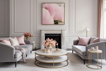 A Serene and Elegant Living Room Interior in Pink and Gray Colors, Featuring Cozy Furniture, Delicate Accents, and Stylish Decor, Creating an Inviting