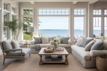 Experience the Serene Coastal Ambiance of an Inviting Living Room with Rustic Charm, Beachy Accents, and Coastal-Inspired Textiles.
