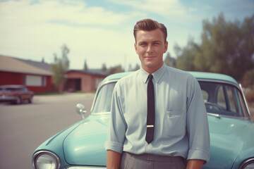 Retro Suburban Elegance. Capturing the Classic Style and Contentment of a 1950s Suburbanite in a Vintage Portrait