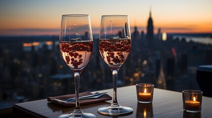 Golden Hour Toast: Sparkling Champagne Glasses Poised Against a Dusk-Kissed City Skyline, Celebrating Urban Elegance