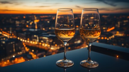 Golden Hour Toast: Sparkling Champagne Glasses Poised Against a Dusk-Kissed City Skyline, Celebrating Urban Elegance