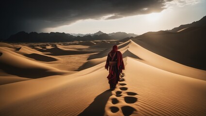 Middle Eastern Desert Exploration. An adventurer walks amidst the stunning sand dunes of a Middle Eastern desert, embracing the solitude and natural beauty..