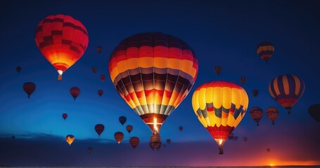 Naklejka premium Vibrant Sunset Balloon Ride. Colorful hot air balloons soaring high in the evening sky during a breathtaking sunset adventure..