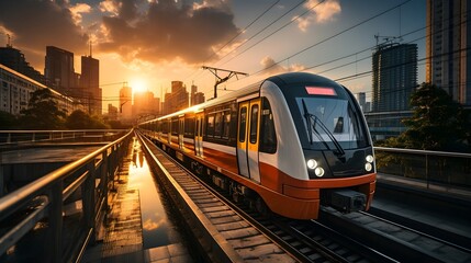 Naklejka premium Journey's Glow: A Train Racing Against the Fiery Sunset