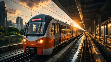 Fototapeta premium Journey's Glow: A Train Racing Against the Fiery Sunset