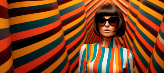 Swinging '60s Glamour. Capturing the Iconic Mod Fashion of the 1960s with a Stylish Woman Model, Vibrant Colors, and Bold Clothing.  - obrazy, fototapety, plakaty