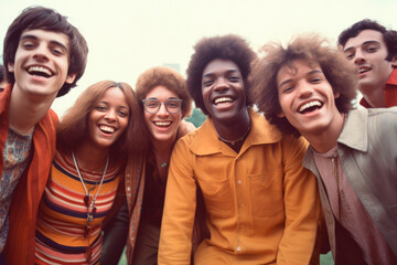 Naklejka premium 1960s Happy Group Portrait. A group of young people gathered at Woodstock, enjoying the music and culture of the counterculture revolution, epitomizing the free - spirited vibe of the 1960s