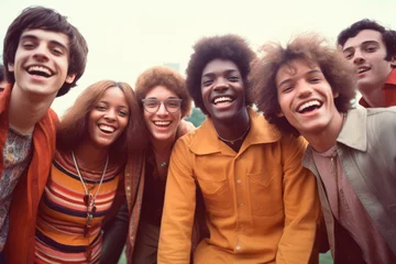 Fotobehang 1960s Happy Group Portrait. A group of young people gathered at Woodstock, enjoying the music and culture of the counterculture revolution, epitomizing the free - spirited vibe of the 1960s © Mr. Bolota