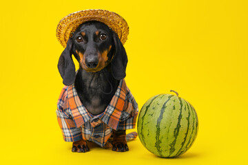 Dog dachshund rural farmer in straw hat, plaid shirt with watermelon on yellow background organic...