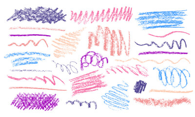 Crayon or charcoal lines, shapes set. Doodle forms with grunge pastel pencil texture. Hand drawn chalk scribbles or rough marks. Sketchy squiggle brushes for banner design, graffiti, childish drawing