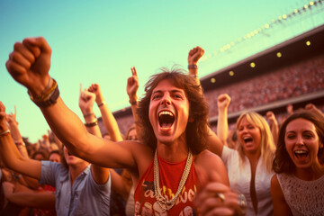Obraz premium Nostalgic Rock Revival. A 1970s Classic Rock Concert, Energetic Crowd, and Summer Festival Vibes. Iconic Music Moments