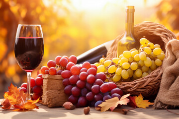 Wine glass and grapes, fall still life display - obrazy, fototapety, plakaty