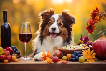 Dog with wine glass and fruit at fall table, autumn harvest season