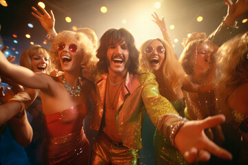 1970s Disco Dancing. A group of friends grooving to the funky beats at a discotheque, wearing flashy disco attire, and dancing under glittering disco balls during the disco era of the 1970s - obrazy, fototapety, plakaty