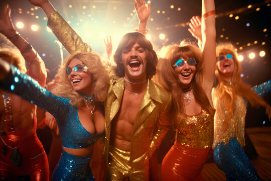 1970s Disco Dancing. A group of friends grooving to the funky beats at a discotheque, wearing flashy disco attire, and dancing under glittering disco balls during the disco era of the 1970s