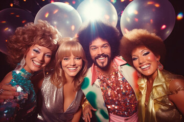 1970s Disco Dancing. A group of friends grooving to the funky beats at a discotheque, wearing...