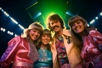 Fototapeta premium 1970s Disco Dancing. A group of friends grooving to the funky beats at a discotheque, wearing flashy disco attire, and dancing under glittering disco balls during the disco era of the 1970s