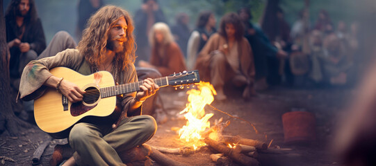 Retro Acoustic Vibe. Step Back in Time to a 1970s Hippie Festival with this Close-Up of a Musician...