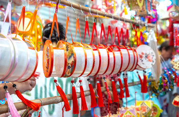 Ho Chi Minh City, Vietnam - September 22nd, 2023: Colorful tradition lantern at chinatown market. Many kind of Chinese lanterns hanging on street market in mid autumn festival.
