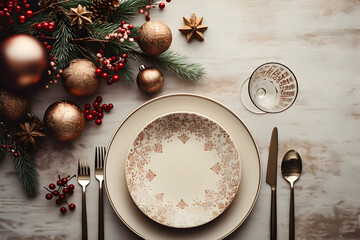 Cozy Christmas Tabletop: A flat lay composition capturing the warm serenity of a Christmas flat lay with plates and festive details, inviting a cozy atmosphere while leaving ample space for copy.