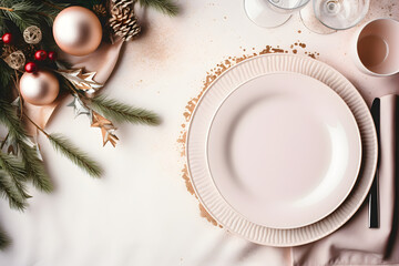 Cozy Christmas Tabletop: A flat lay composition capturing the warm serenity of a Christmas flat lay with plates and festive details, inviting a cozy atmosphere while leaving ample space for copy.